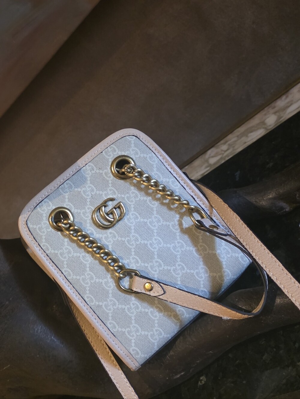 Gucci 1 DAY SALE Like NEW Light Beige GG Canvas Chain Crossbody Bag